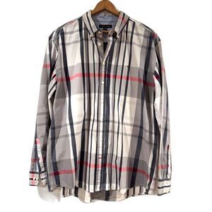 Tommy Hilfiger Plaid Button Up Shirt XXL Classic Fit Navy White Plaid Cotton
